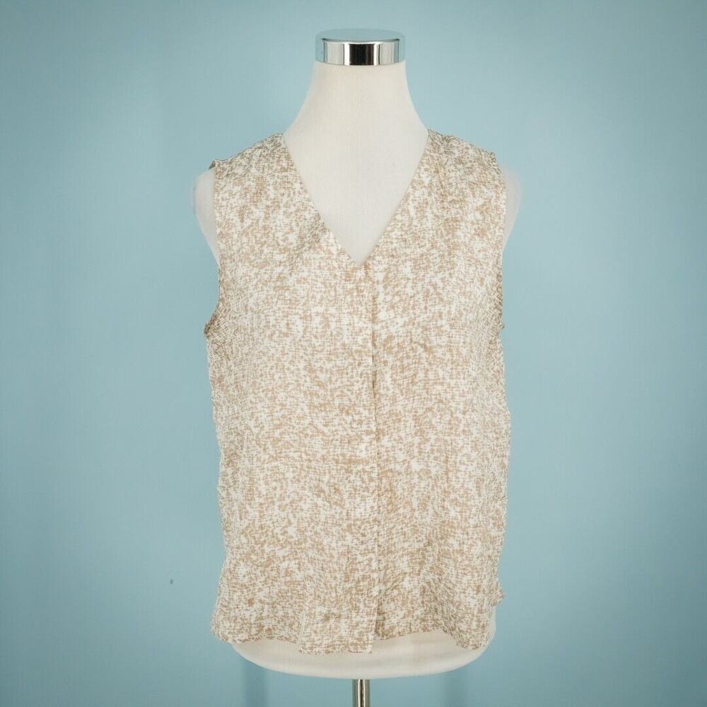 Eileen Fisher Size Small S Tan Print V Neck Button Sleeveless Silk Cotton Top
